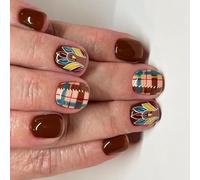 1. Thanksgiving Turkey Checkered Short Square Fake Nails ABS Festive Press On Holiday Party Lovely Turkey Print Press On Manicure