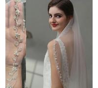 1 Tier Wedding Veil Short Elegant Beaded Crystal Pearls Rhinestones Veil White Ivory Floral Vine Edge Bridal Veil Fingertip Veil-White-200cm