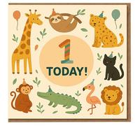 1 Today Children's 1st Birthday Card - Cute Safari Animals Party Design with Giraffe, Lion, Monkey, Sloth, Leopard, Crocodile, Flamingo & Cat