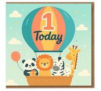 1 Today First Birthday Card - Hot Air Balloon with Cute Panda, Lion, Zebra, Bunny & Giraffe - Child’s 1st Birthday Card for Boy or Girl