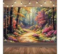1 vivid autumn forest background with colorful leaves and a sunny path - Thanksgiving decoration