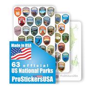 1 x 1.5 inch Collection 63 Stickers Set All National Parks USA | Complete Collection Shield Vibrant Colors Vinyl Stickers. Map of US National Parks.