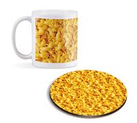 1 x 11oz (284ml) White Ceramic Mug Cup & 1 x Round Wooden Cork Coaster - Tasty Macaroni Cheese Food Design for Coffee Tea Drinks Kitchen Birthday Office #3847