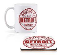1 x 11oz (284ml) White Ceramic Mug Cup & 1 x Square Wooden Cork Coaster - Welcome to Detroit USA Michigan Design for Coffee Tea Drinks Kitchen Birthday Office #5801