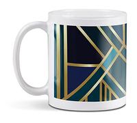 1 x 11oz (284ml) White Ceramic Mug Cup - Green Gold Art Deco Geometric Design for Coffee Tea Drinks Kitchen Birthday Office Fun #12546
