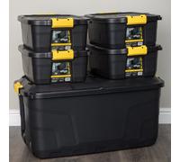 1 x 145L & 4 x 24L Heavy Duty Lockable & Stackable Storage Tub Chest with Clips