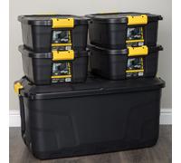 1 x 145L & 4 x 24L Heavy Duty Lockable & Stackable Storage Tub Chest with Clips