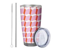 1 x Abstract Art Geometric Aesthetic Pink Red White Plaid Metal Cup Reusable Spill Free Shatterproof Cup for Yard, Picnic, Gym with Straw