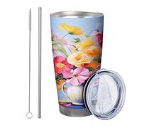 1 x Botanical Tumbler - Flower Vase - Pretty Artistic Bohemian - Aesthetic Cute Blue Pink Metal Reusable No Spill - Unbreakable - Garden Picnic Gym with Straw