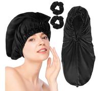 1 x Cap for Sleeping, Adjustable Long Hair Cap for Sleeping with 2 Hair Elastics, Soft Hair Protection for the Night, Black Sleep Cap Hair Protect for Long Curly Hair Locs