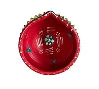 1 x Clay Diya Handmade Painted Earthen Oil Lamp Red & Green Floral Design for Puja, Mandir, Temple, Weddings & Diwali Festival | C&S Homestore