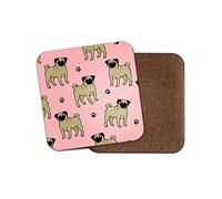 1 x Cute Tan Pug Drinks Coaster - Pink Paw Prints Dog Puppy Puppies Fun #8612