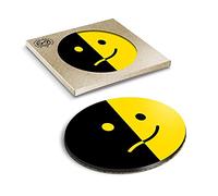 1 x Eco Boxed Cork Coasters - Yellow Black Smile Face Smiley Drink Cup Mug Glass Table Mat #9229