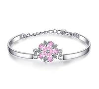1 x Elegant 925 Silver Star Bracelet Jewellery Beautiful Charm Bangle for Women Sakura Flowers Pink Rhinestone Bracelet Woman Gifts (4.2 + 5 cm) Adjustable