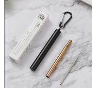 1 x Foldable Reusable Stainless Steel Portable Metal Drinking Straws with Aluminum Key-Ring Case & Cleaning Brush Portable High-End for Travel, Home, Work (Rose Gold Straw + Black Casing)
