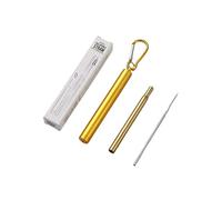 1 x Foldable Reusable Stainless Steel Portable Metal Drinking Straws with Aluminum Key-Ring Case & Cleaning Brush Portable High-End for Travel, Home, Work (Gold Straw + Gold Casing)