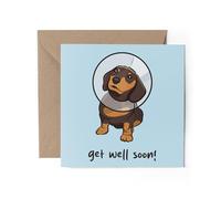 1 x Get Well Soon Dachshund Greeting Card - Chocolate Tan Sausage Dog Puppy Pets Dogs Lover Fan Animals Pattern Friend Mum Dad #82927