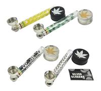 1 x Glass Smoking Pipe Set with Screens and Mini Grinder, 2 Pieces, Assorted Colours