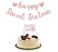 1 x Glitter Happy Sweet 16th Birthday Banner + 1 x Sweet Sixteen Decorative Cake Topper, Decoration 16th Birthday Girl Set, Sweet 16 Decoration for Celebrating the 16th Birthday