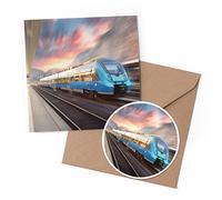 1 x Greeting Card & 10 cm Round Sticker Set - Blue High Speed Commuter Train - Birthday Thank You Friend Lover Fan Mum Dad Kids #44368