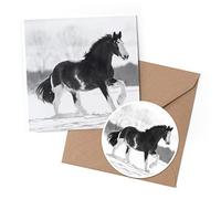 1 x Greeting Card & 10 cm Round Sticker Set - BW - Clydesdale Horse in Snow - Birthday Thank You Friend Lover Fan Mum Dad Kids #39010