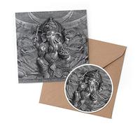 1 x Greeting Card & 10 cm Round Sticker Set - BW - Lord Ganesha Hindu God Indian - Birthday Thank You Friend Lover Fan Mum Dad Kids #43150