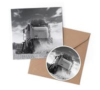 1 x Greeting Card & 10 cm Round Sticker Set - BW - Yellow Combine Harvester Farmer - Birthday Thank You Friend Lover Fan Mum Dad Kids #36231