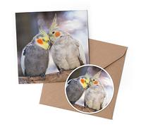 1 x Greeting Card & 10 cm Round Sticker Set - Cute Cockatiel Parrot Bird Love Couple - Birthday Thank You Friend Lover Fan Mum Dad Kids #50656