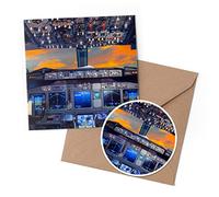 1 x Greeting Card & 10 cm Round Sticker Set - Flight Deck Aeroplane Cockpit Pilot - Birthday Thank You Friend Lover Fan Mum Dad Kids #16297