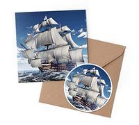1 x Greeting Card & 10 cm Round Sticker Set - HMS Victory Computer Art Sailing Ship - Birthday Thank You Friend Lover Fan Mum Dad Kids #52965