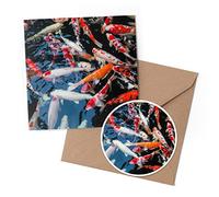 1 x Greeting Card & 10 cm Round Sticker Set - Koi Carp Pond Fish Japanese - Birthday Thank You Friend Lover Fan Mum Dad Kids #21766