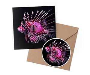 1 x Greeting Card & 10 cm Round Sticker Set - Pink Spot Fin Lion Fish Lionfish - Birthday Thank You Friend Lover Fan Mum Dad Kids #46110