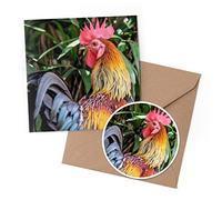 1 x Greeting Card & 10 cm Round Sticker Set - Red Bantam Chicken Rooster Bird - Birthday Thank You Friend Lover Fan Mum Dad Kids #51855
