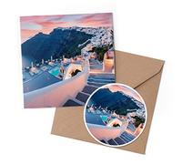 1 x Greeting Card & 10 cm Round Sticker Set - Santorini Greece Greek City Hotel - Birthday Thank You Friend Lover Fan Mum Dad Kids #24144