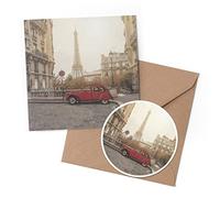 1 x Greeting Card & 10 cm Round Sticker Set - Vintage Car Paris France Eiffel Tower - Birthday Thank You Friend Lover Fan Mum Dad Kids #52361