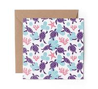 1 x Greeting Card Blue Ethnic Sea Turtle Pattern - Blank Birthday Celebration Anniversary #44361