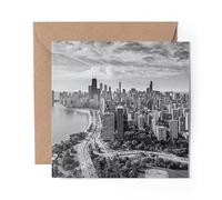 1 x Greeting Card BW - Chicago Skyline Aerial View City - Blank Birthday Celebration Anniversary #42675