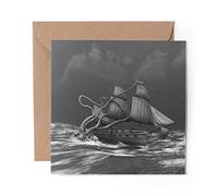 1 x Greeting Card BW - Sea Monster Kraken Ship Attack - Blank Birthday Celebration Anniversary #37463