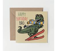 1 x Greeting Card - Happy Birthday Bro Skiing T-rex Dinosaur Joke Kids Boys Ski Brother Gift #0078
