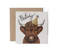 1 x Greeting Card - Happy Birthday Highland Cow Face Animal Scottish Cows Calf Party Hat Kids Boys Girls Friend Family Mum Dad #79291