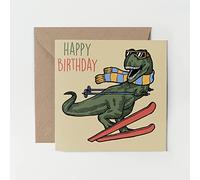 1 x Greeting Card - Happy Birthday Skiing T-rex Dinosaur Joke Kids Boys Ski Dino Gift #0077
