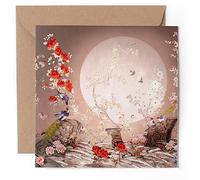 1 x Greeting Card - Japanese Chinoiserie Style Birds Plants Moon Japan - Blank Birthday Celebration Anniversary #50511