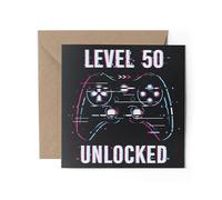 1 x Greeting Card - Level 50 50th Fifty Unlocked Glitch Birthday Video Gamer Game Gaming Age Fan Friend Girls Boys Mancave Men #78591