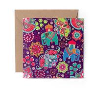 1 x Greeting Card Purple Indian Elephant Pattern Print - Blank Birthday Celebration Anniversary #13139