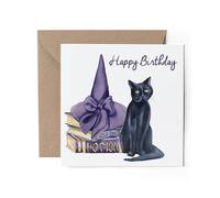 1 x Greeting Card - Purple Witches Hat Black Cat Happy Birthday Magic Spells Mum Auntie Gran Gift #70810