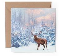 1 x Greeting Card - Stag Deer in Winter Forest Christmas Sunrise Sunset Snow Trees - Blank Birthday #51404