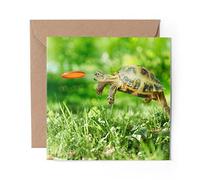 1 x Greeting Card Tortoise Turtle Jumping Frisbee - Blank Birthday Celebration Anniversary #14390