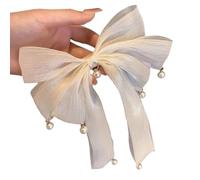 1 x Hair Clips with Large Bow, Long Tail Band Hairpins, French Plain Hair Clip, Soft Silky Hair Accessories of the 90s for Women, White