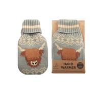 1 x Hand Warmer Pocket-Size With Knitted Cover Cute Designs (Light Blue Highland Cow)