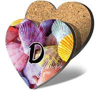 1 x Heart Coaster - Letter D Sea Shells Lettering Name Initial Cork Backed MDF Glossy Tea Coffee Accessory #263659